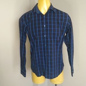 Bugatchi Large Shaped Fit Navy Blue Long Sleeve Button Down Collared Dress Shirt